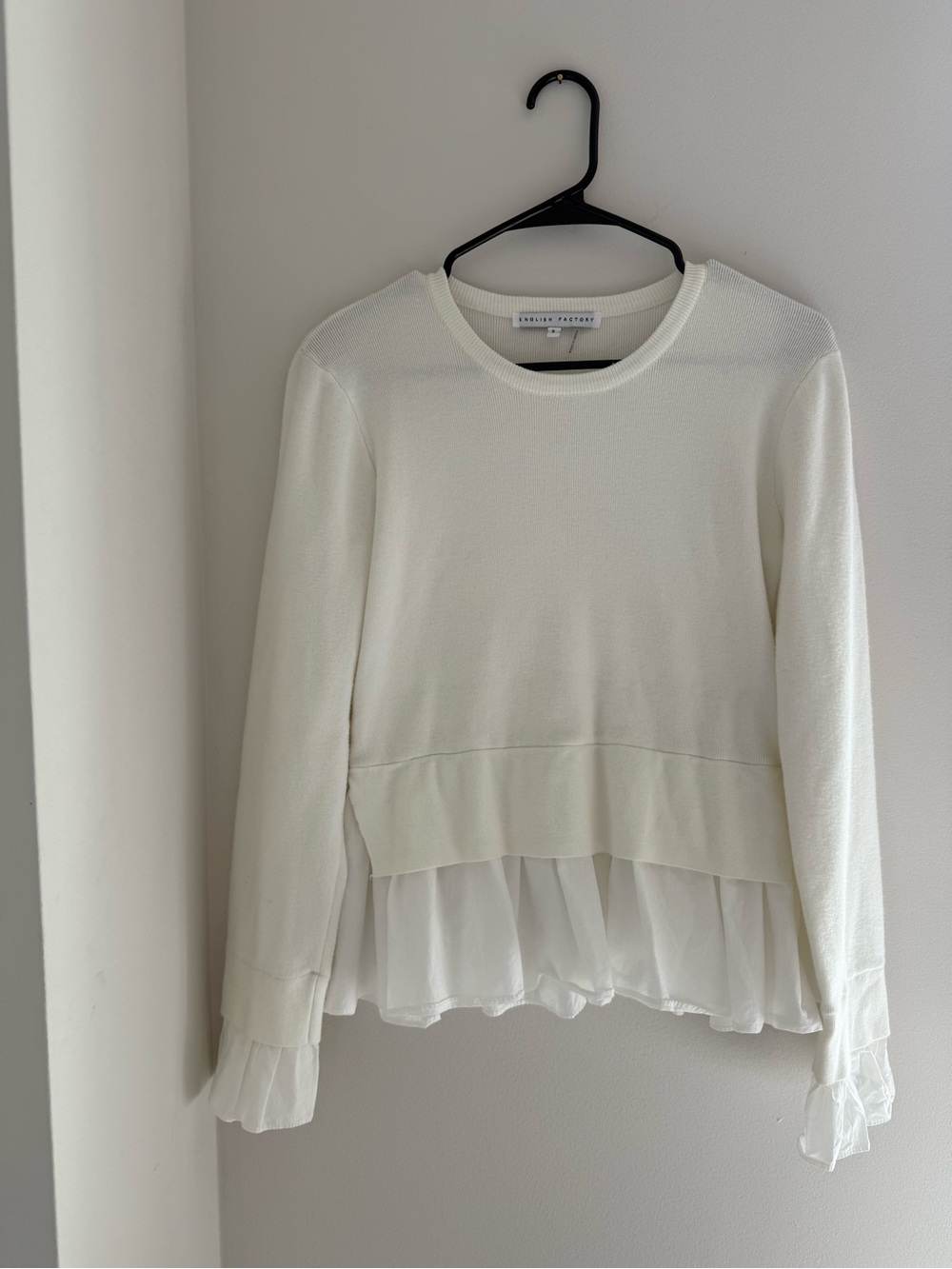 English Factory Cream Long Sleeve Sweater with Chiffon Ruffle Hem